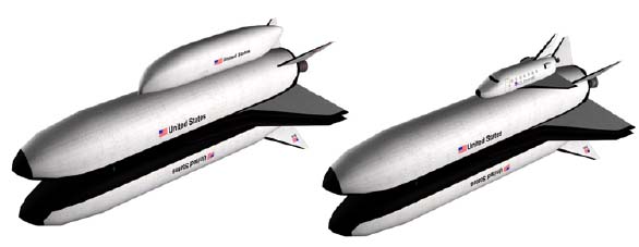 Figure 2. Generic two-stage, rocket-powered, 120 ft-long, reusable launch vehicle with external cargo module (left) and human transport spaceplane (right) representative of the type of system studied. Provided by John Livingston, Aeronautical Systems Center, Air Force Materiel Command.