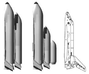 Figure 3. Near-Term RLV configurations with Shuttle orbiter for size comparison; internal payload carriage (left) and external payload carriage (center). Provided by Alicia Hartong, Aeronautical Systems Center, Air Force Materiel Command.