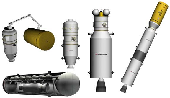 Figure 5. Conceptual sketches of Space Logistics Vehicle. From left to right: short-range crewed SLV tug holding a RLV cargo module; short-range crewed SLV with an additional passenger module; extended-performance, crewed SLV configured for satellite-refueling; two-stage, unmanned, extended-range SLV configured to deliver cargo to geostationary , lunar orbit, or Lagrangian points. The lower left illustration shows an extended range SLV inside a LEO space logistics bases space hanger for maintenance.